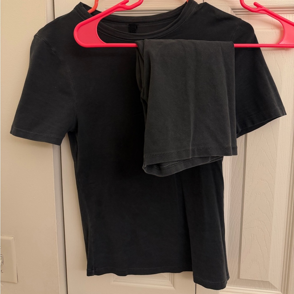 SKIMS Short Sleeve Crewneck Tee & Biker Shorts in Charcoal Gray